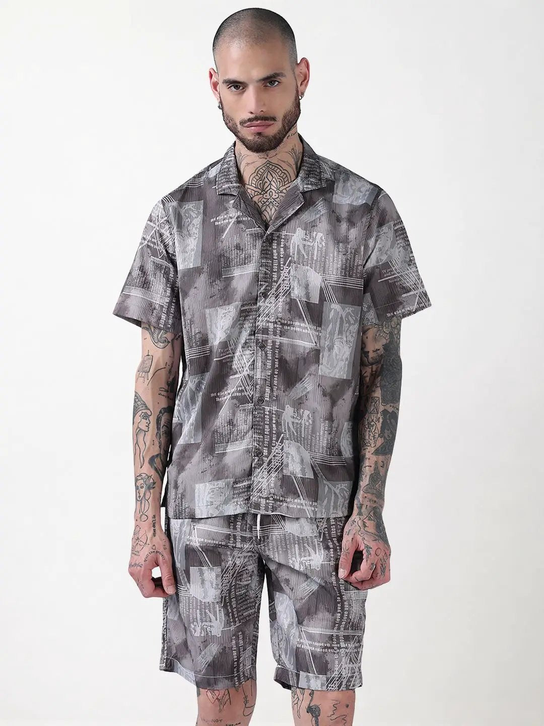 Men's Olive Printed Cuban Collar Relaxed Fit Co-Ords Set - Uncategorized from SHOWOFFFF