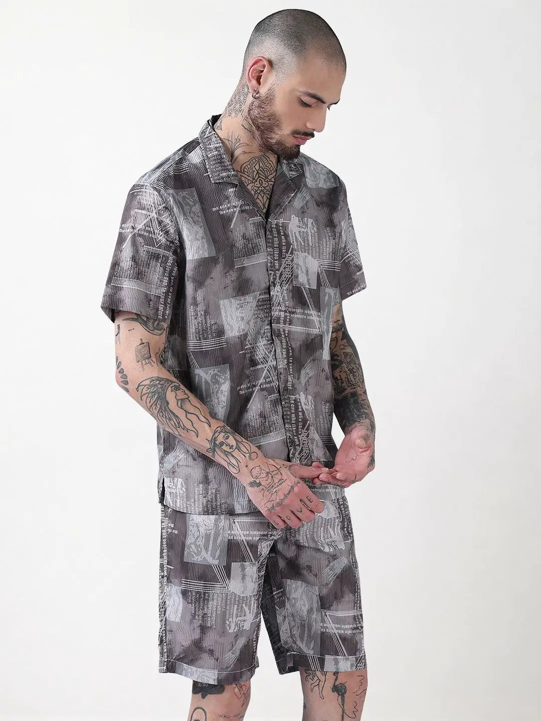 Men's Olive Printed Cuban Collar Relaxed Fit Co-Ords Set - Uncategorized from SHOWOFFFF