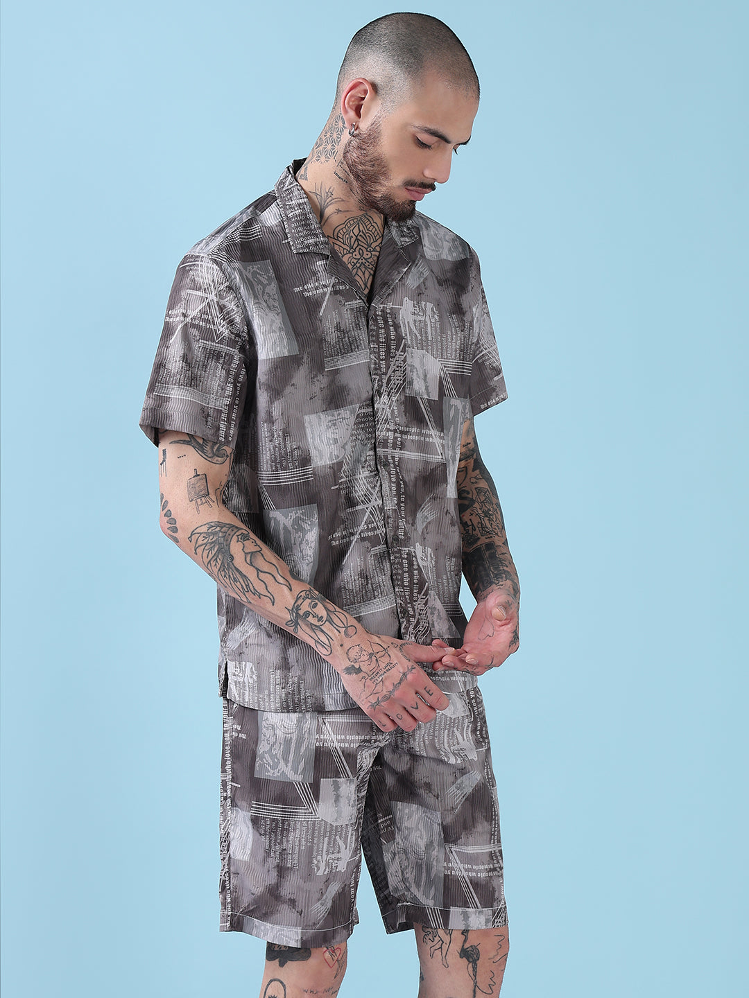 Men's Olive Printed Cuban Collar Relaxed Fit Co-Ords Set