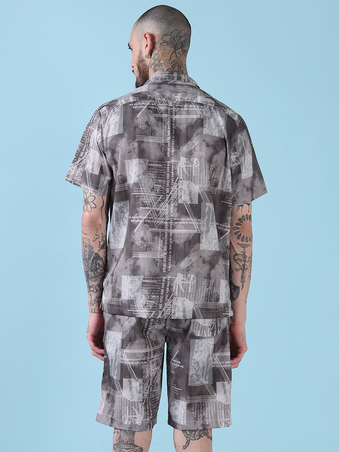 Men's Olive Printed Cuban Collar Relaxed Fit Co-Ords Set