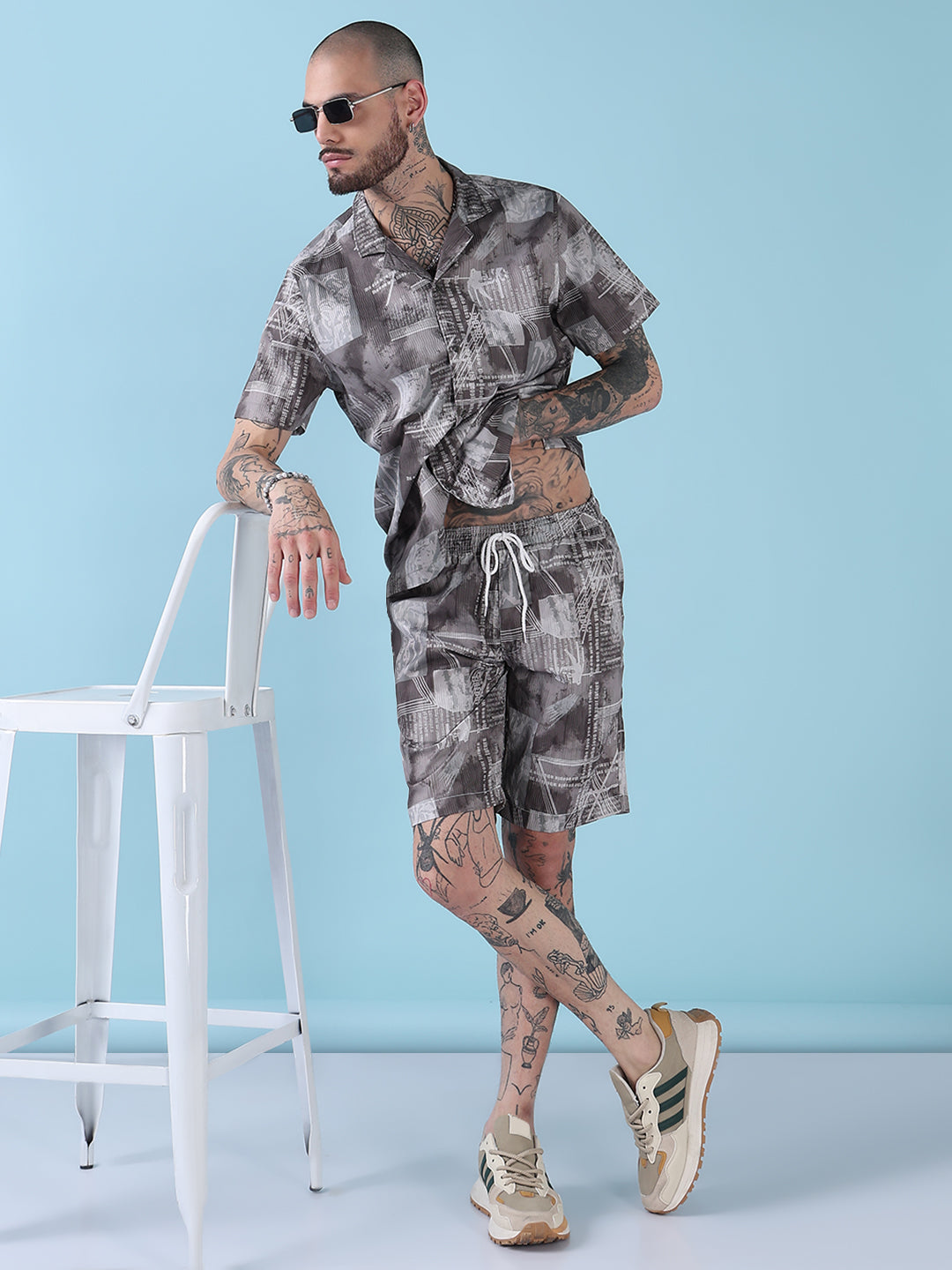 Men's Olive Printed Cuban Collar Relaxed Fit Co-Ords Set