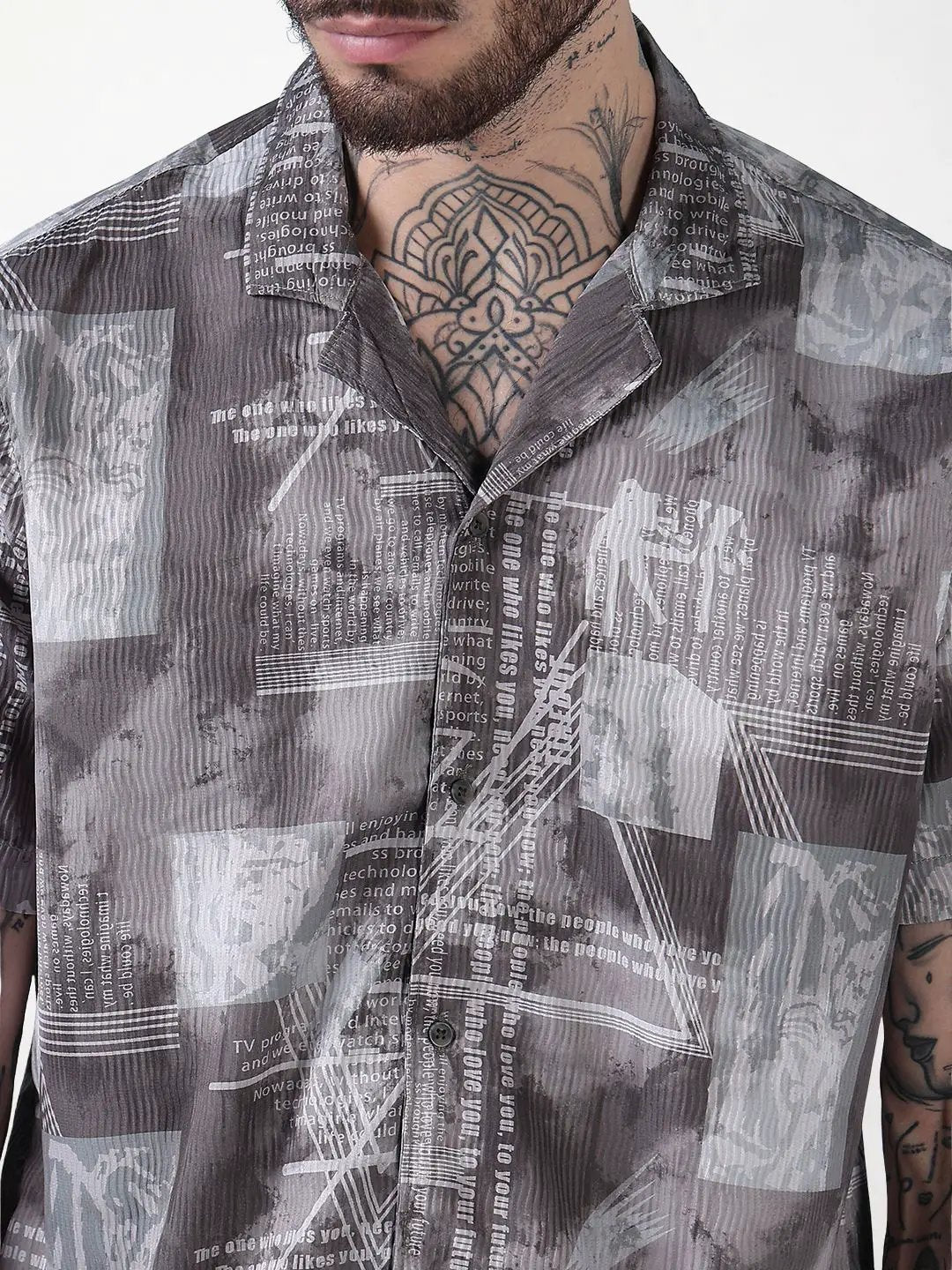 Men's Olive Printed Cuban Collar Relaxed Fit Co-Ords Set - Uncategorized from SHOWOFFFF