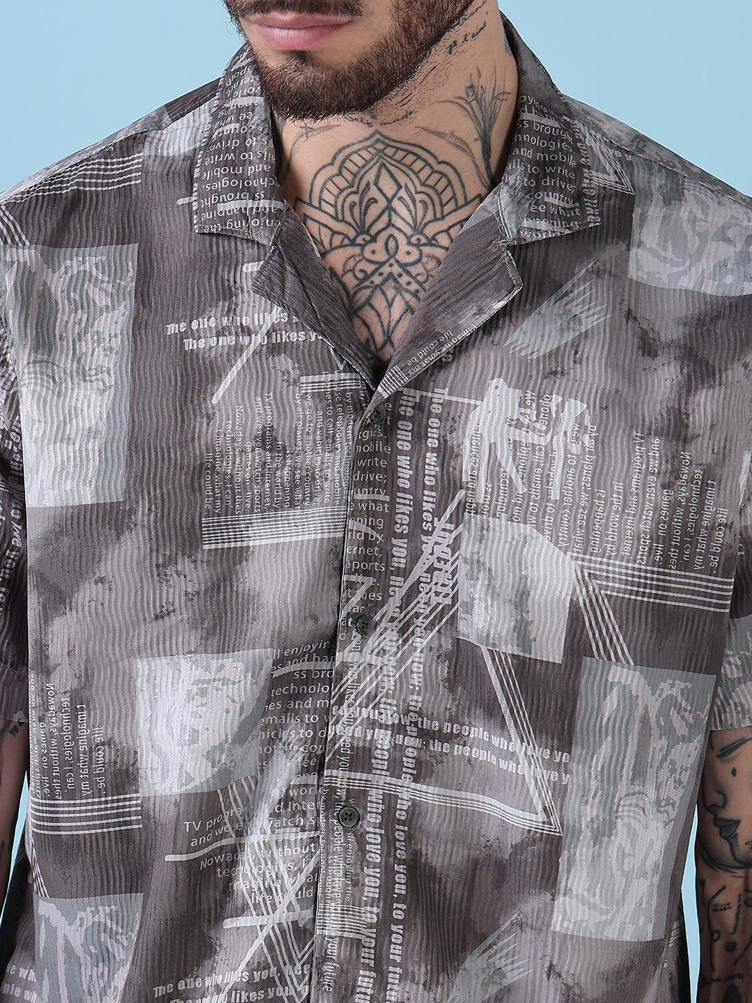 Men's Olive Printed Cuban Collar Relaxed Fit Co-Ords Set