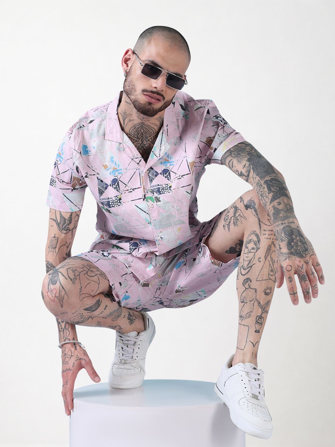 Men's Pink Printed Cuban Collar Relaxed Fit Co-Ords Set