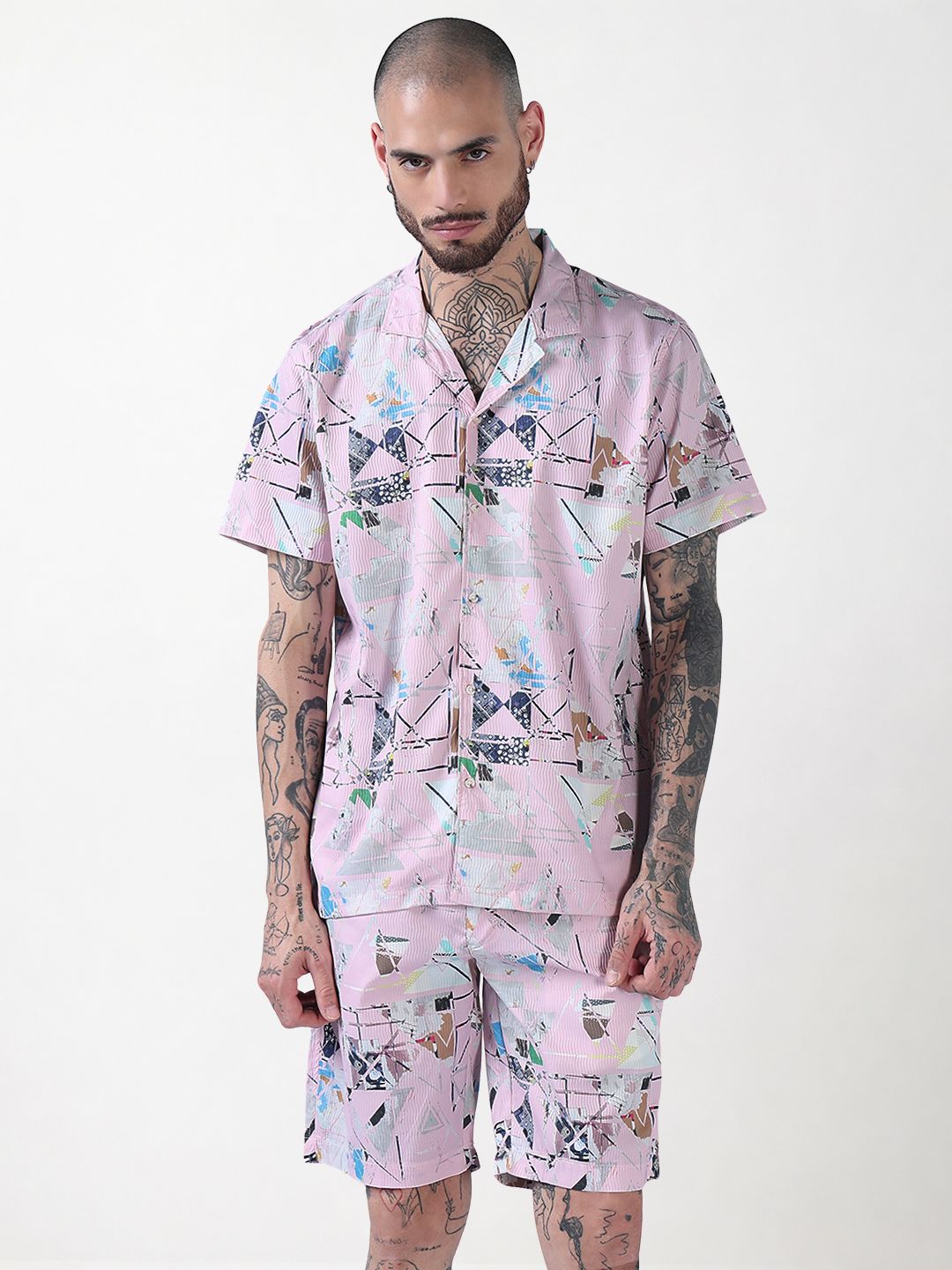 Men's Pink Printed Cuban Collar Relaxed Fit Co-Ords Set