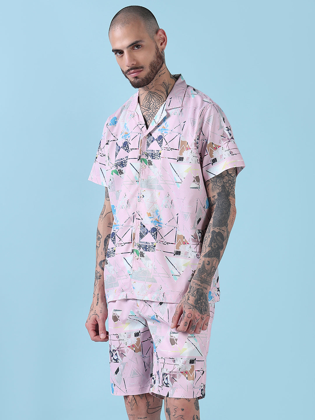 Men's Pink Printed Cuban Collar Relaxed Fit Co-Ords Set