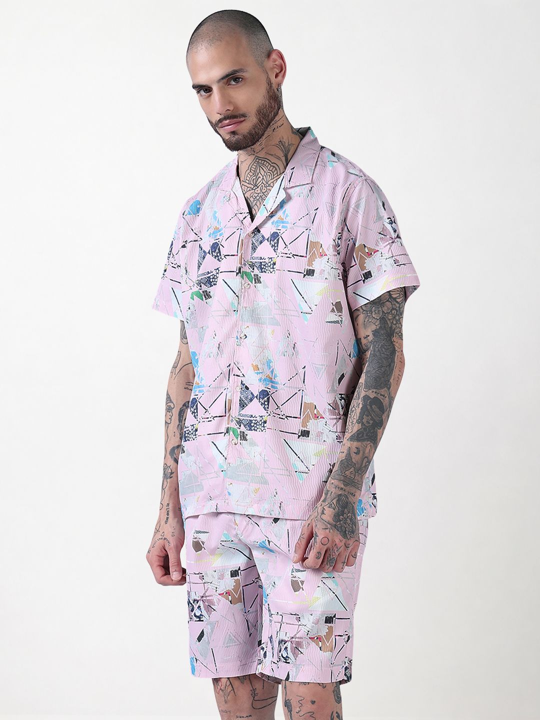 Men's Pink Printed Cuban Collar Relaxed Fit Co-Ords Set