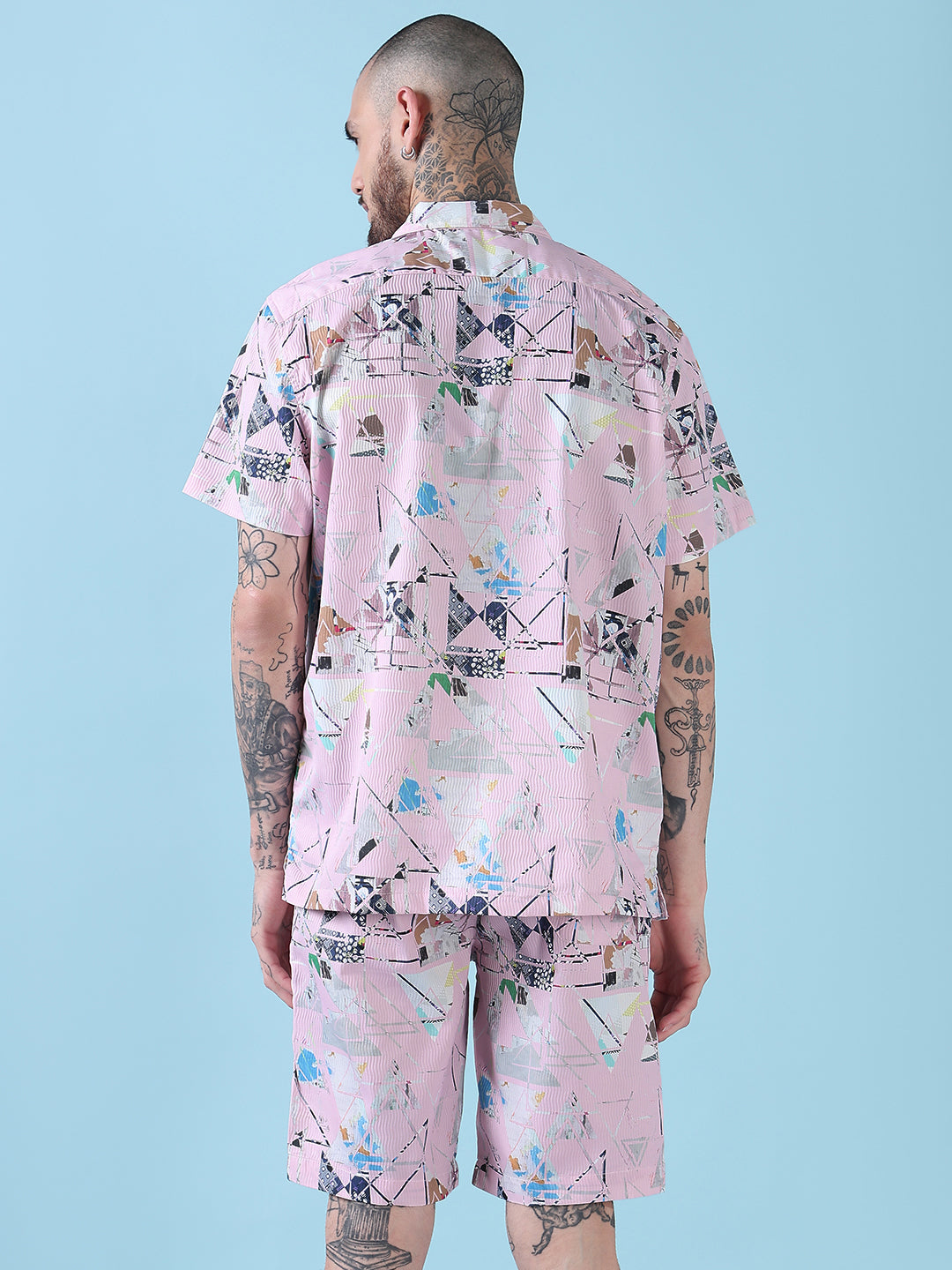 Men's Pink Printed Cuban Collar Relaxed Fit Co-Ords Set