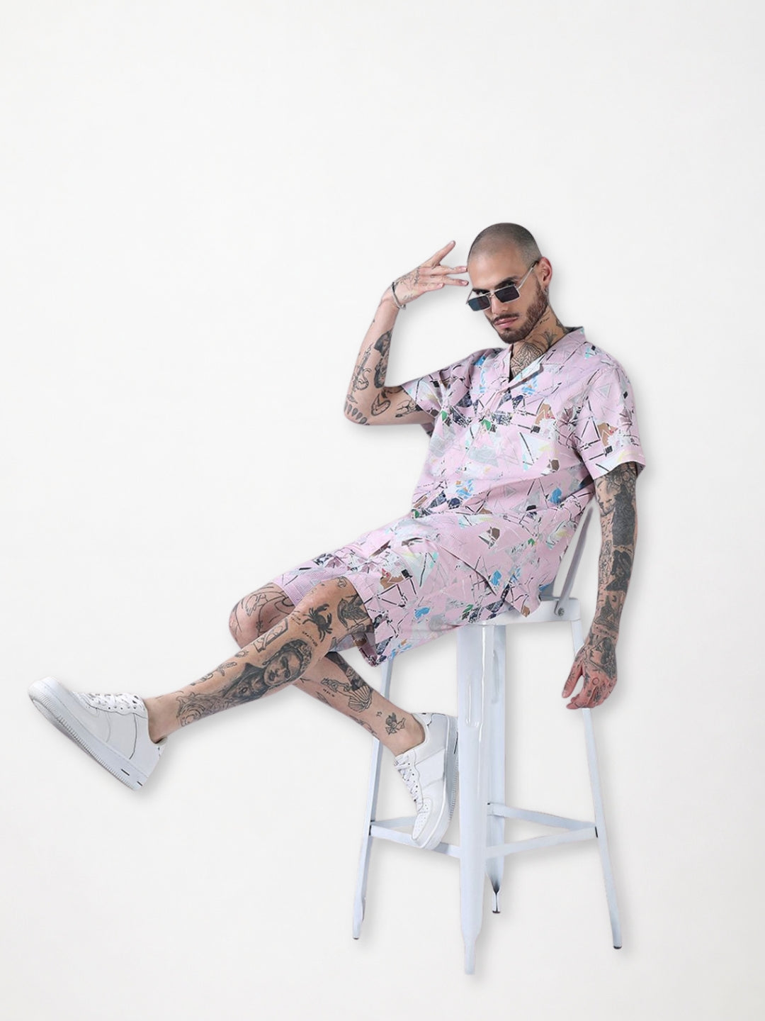 Men's Pink Printed Cuban Collar Relaxed Fit Co-Ords Set