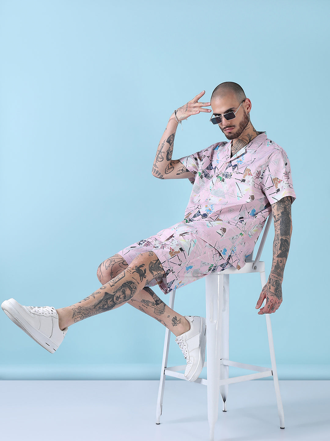 Men's Pink Printed Cuban Collar Relaxed Fit Co-Ords Set