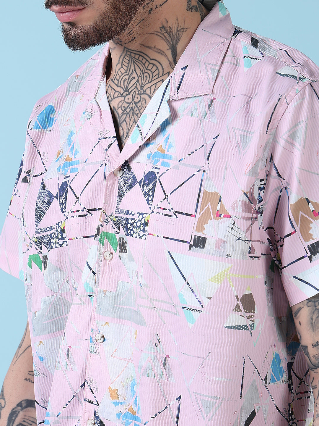 Men's Pink Printed Cuban Collar Relaxed Fit Co-Ords Set