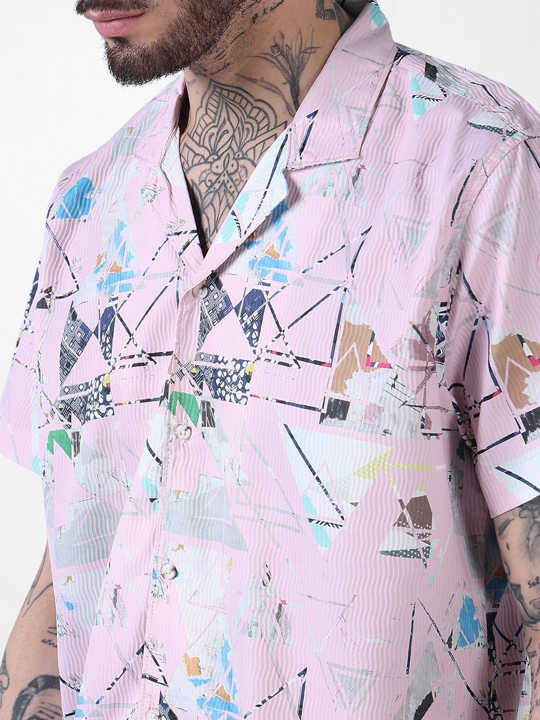 Men's Pink Printed Cuban Collar Relaxed Fit Co-Ords Set