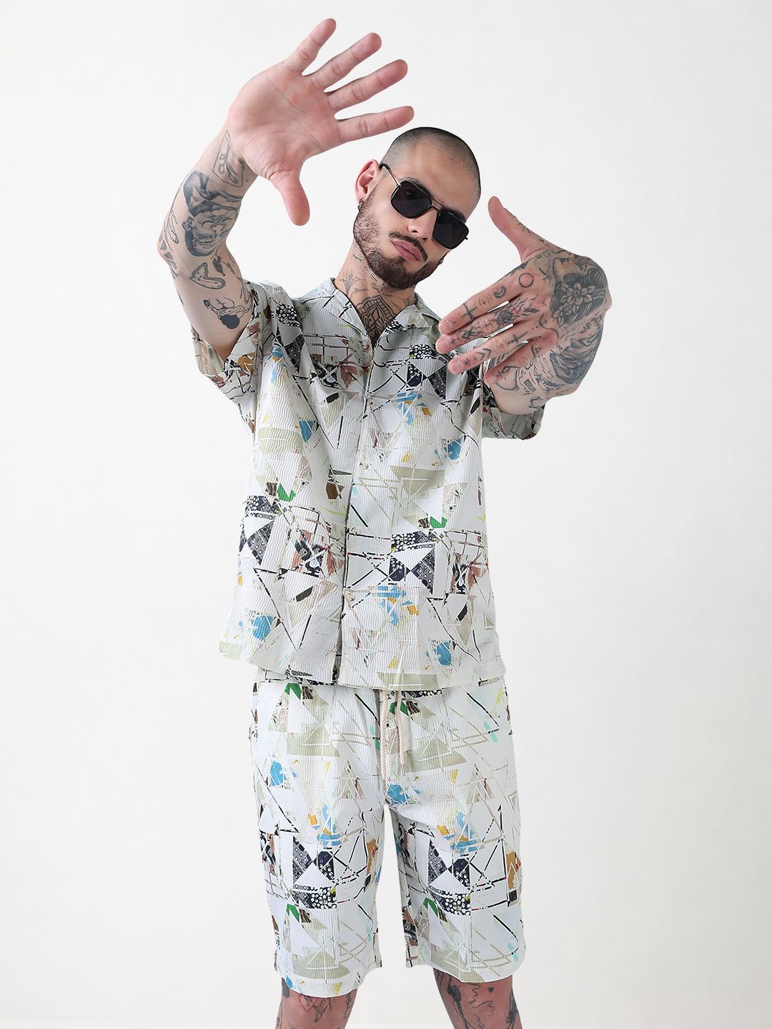 Men's Cream Printed Cuban Collar Relaxed Fit Co-Ords Set