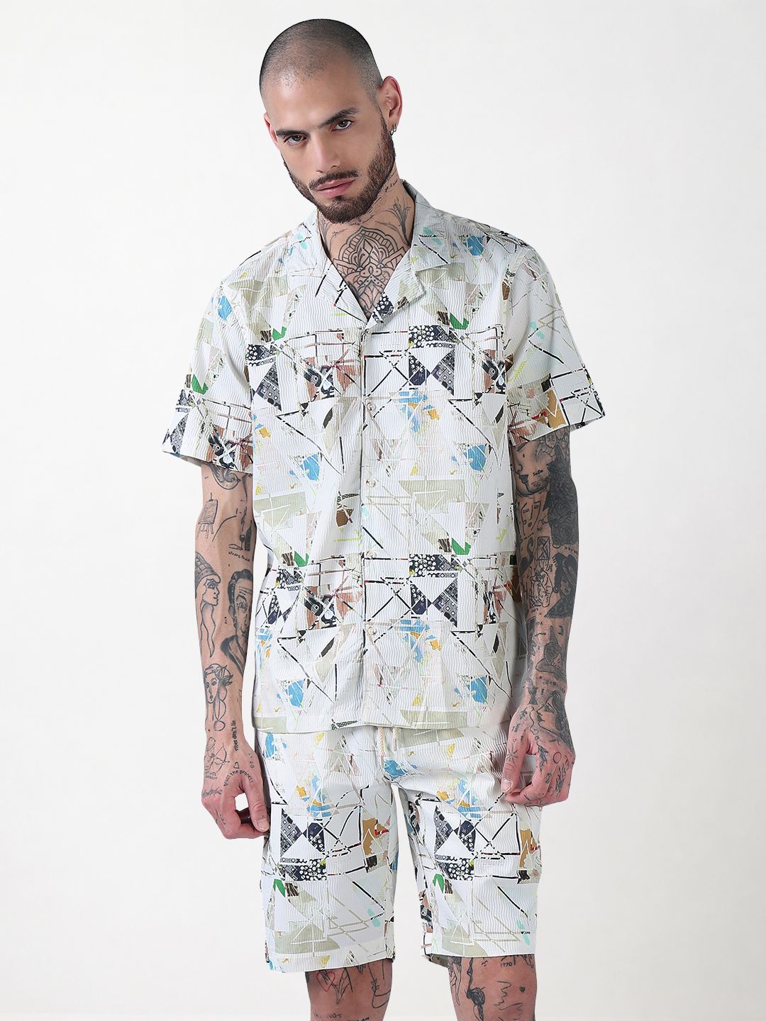 Men's Cream Printed Cuban Collar Relaxed Fit Co-Ords Set