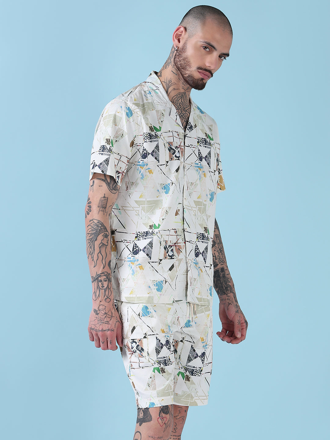 Men's Cream Printed Cuban Collar Relaxed Fit Co-Ords Set