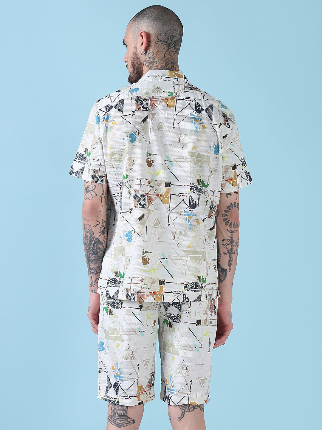 Men's Cream Printed Cuban Collar Relaxed Fit Co-Ords Set