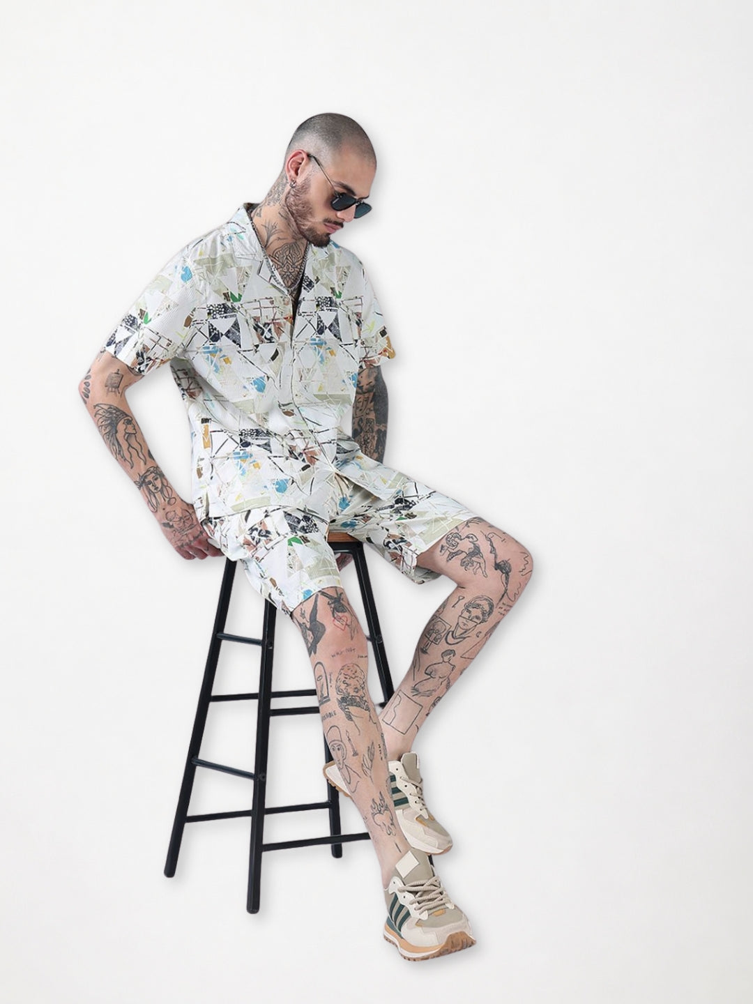 Men's Cream Printed Cuban Collar Relaxed Fit Co-Ords Set