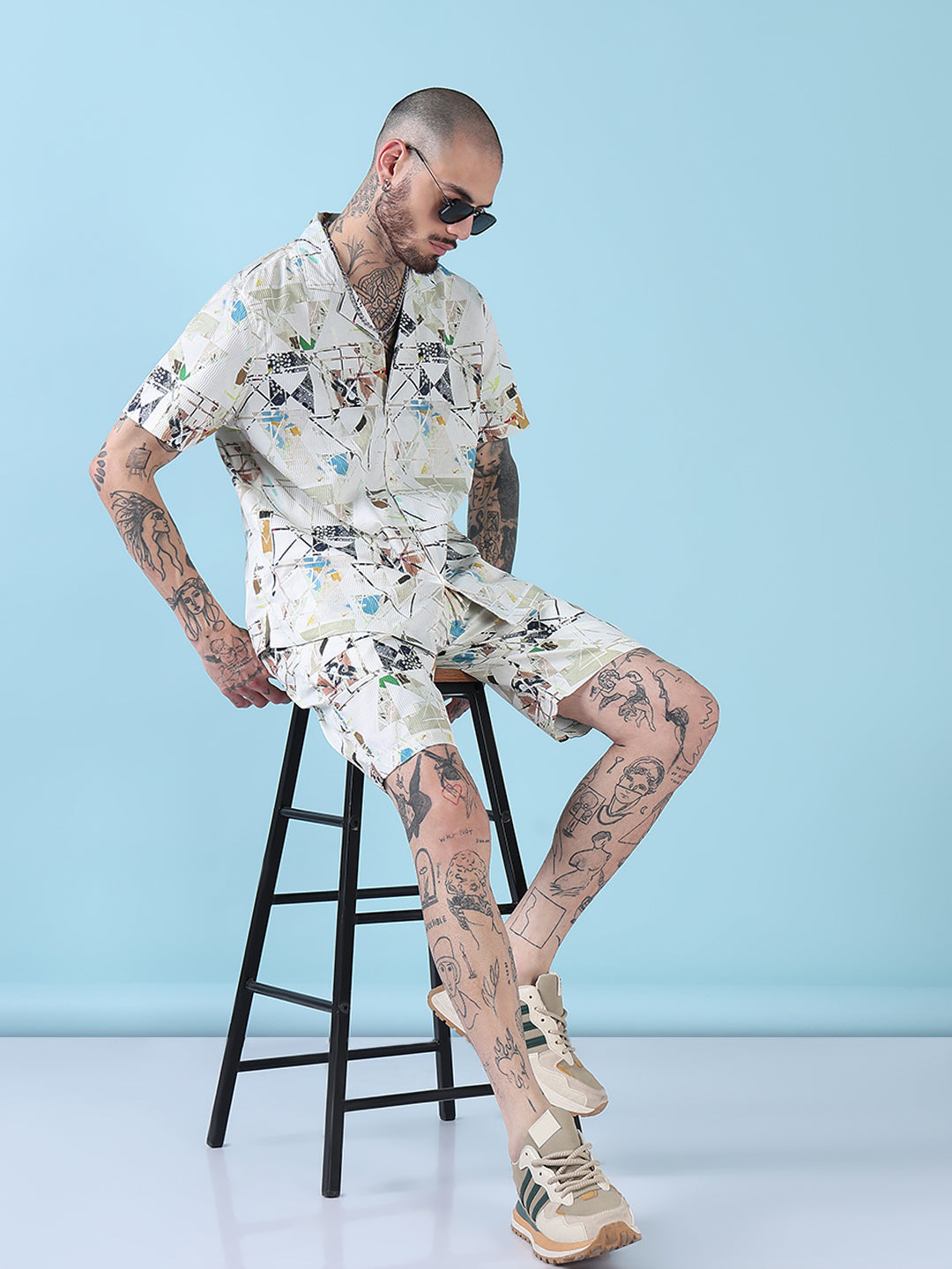 Men's Cream Printed Cuban Collar Relaxed Fit Co-Ords Set