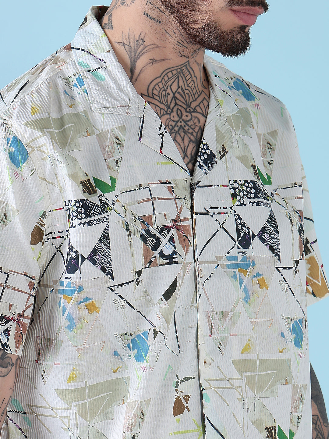 Men's Cream Printed Cuban Collar Relaxed Fit Co-Ords Set