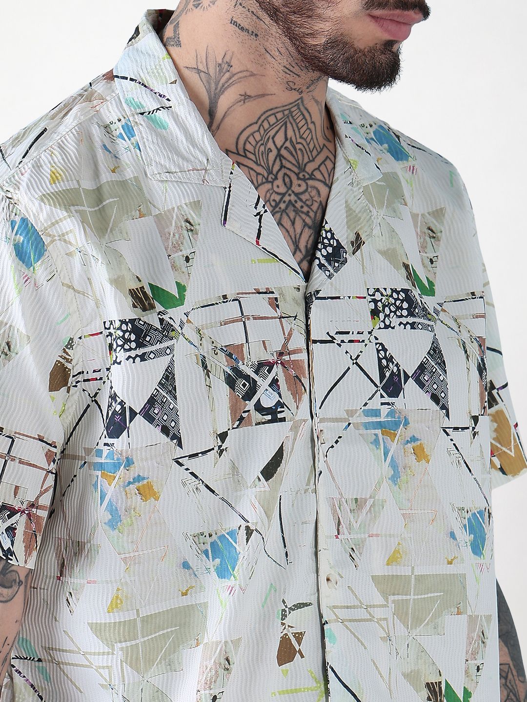 Men's Cream Printed Cuban Collar Relaxed Fit Co-Ords Set