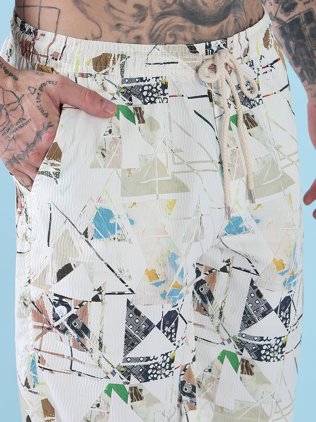 Men's Cream Printed Cuban Collar Relaxed Fit Co-Ords Set