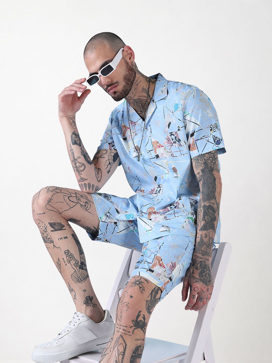 Men's Blue Printed Cuban Collar Relaxed Fit Co-Ords Set