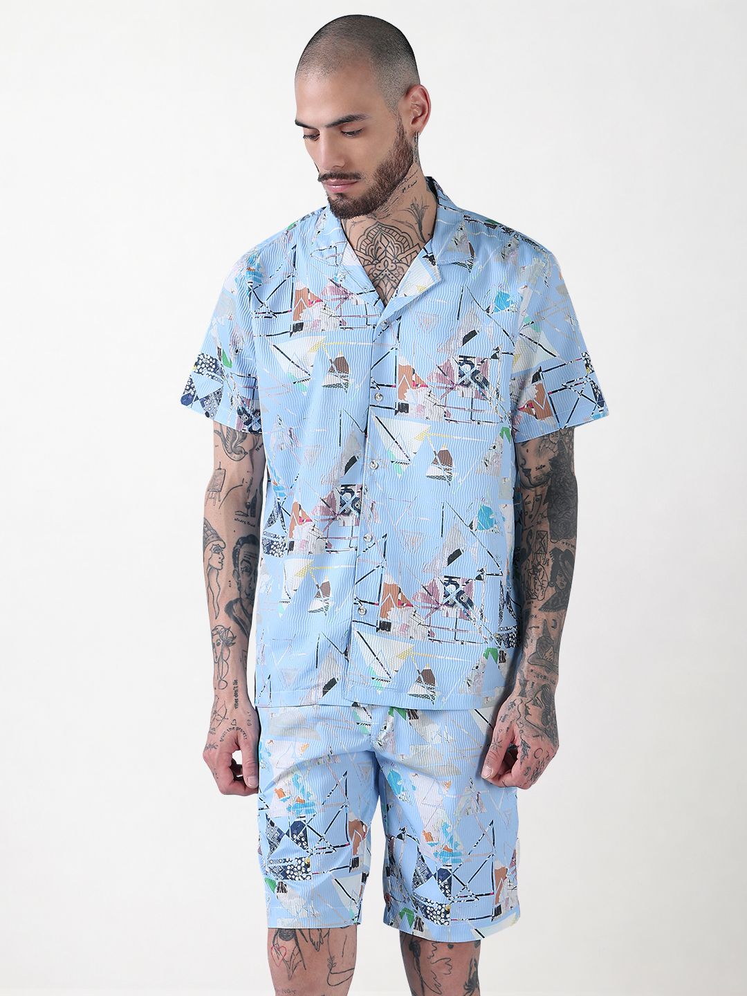 Men's Blue Printed Cuban Collar Relaxed Fit Co-Ords Set