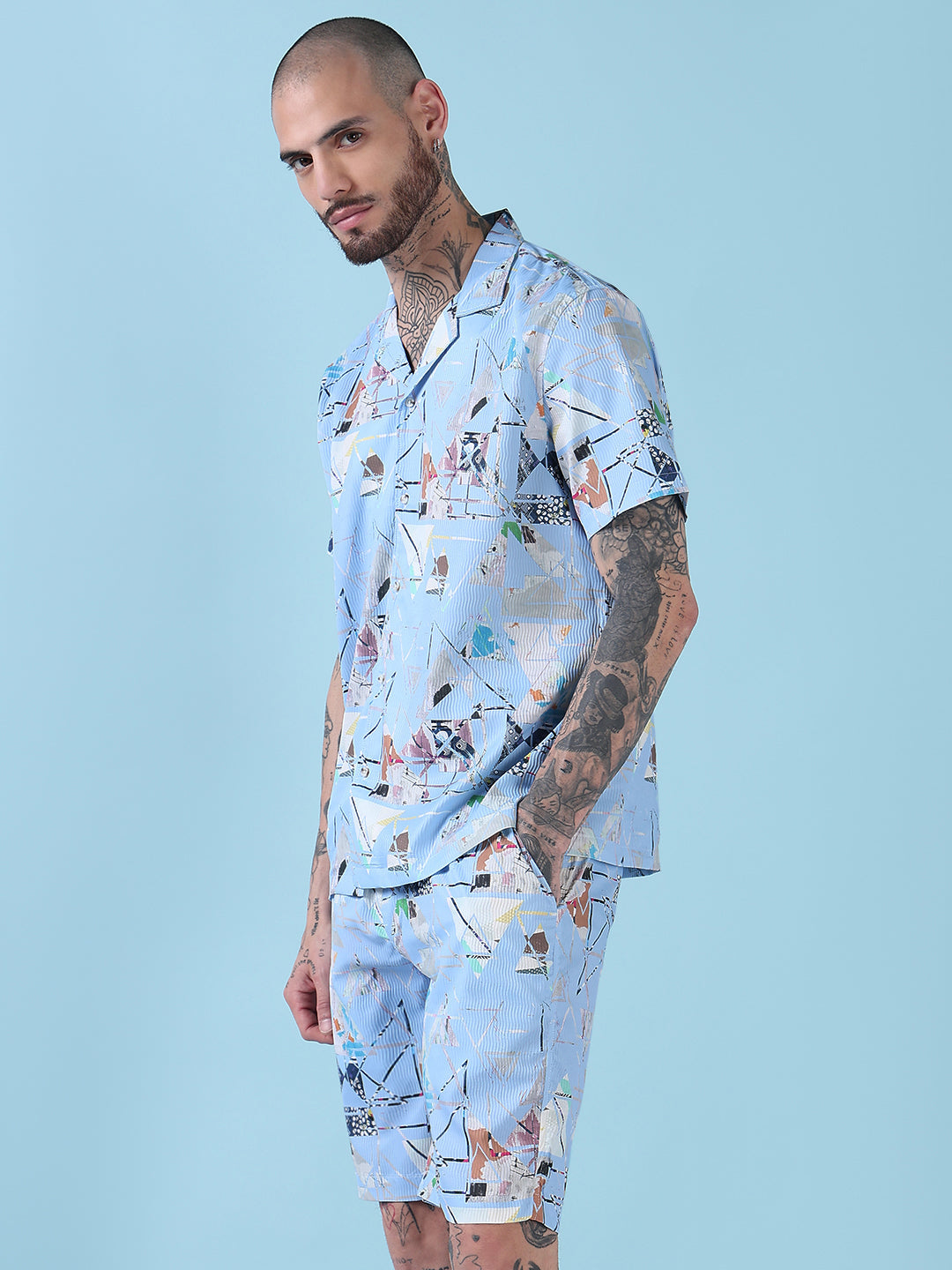 Men's Blue Printed Cuban Collar Relaxed Fit Co-Ords Set