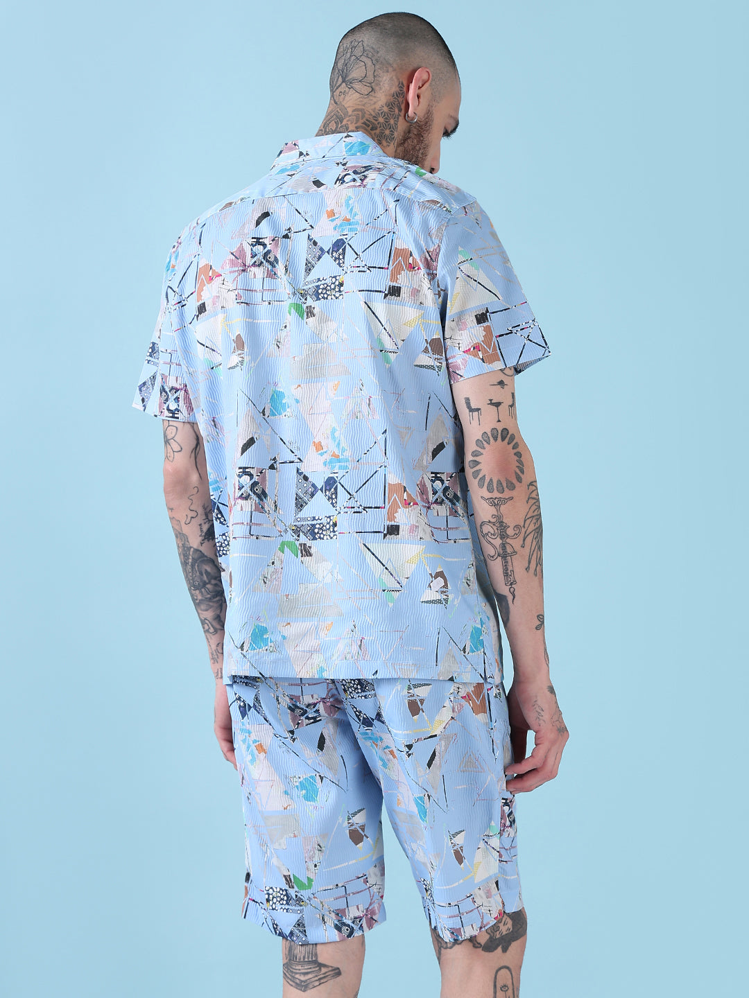 Men's Blue Printed Cuban Collar Relaxed Fit Co-Ords Set