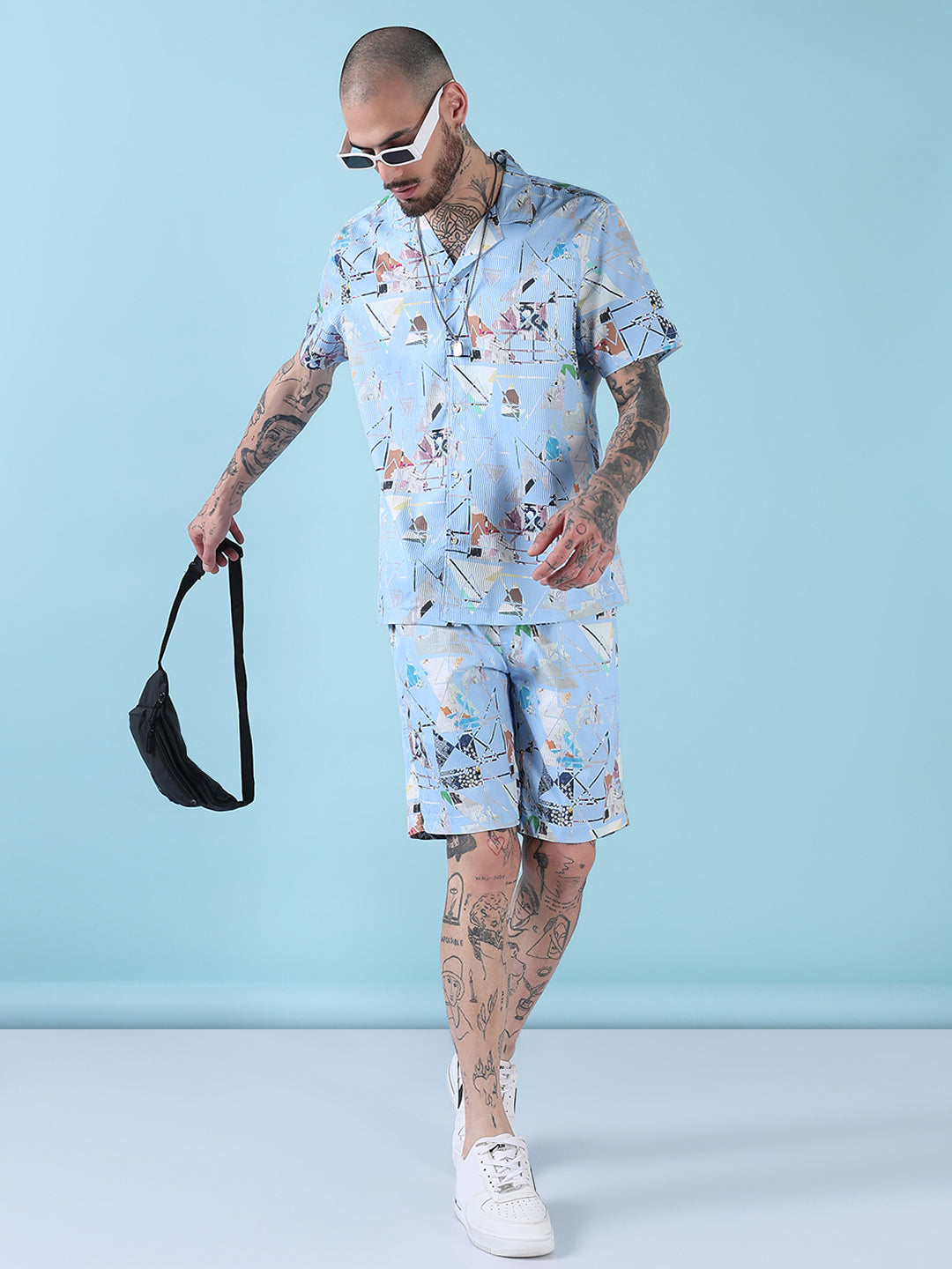 Men's Blue Printed Cuban Collar Relaxed Fit Co-Ords Set