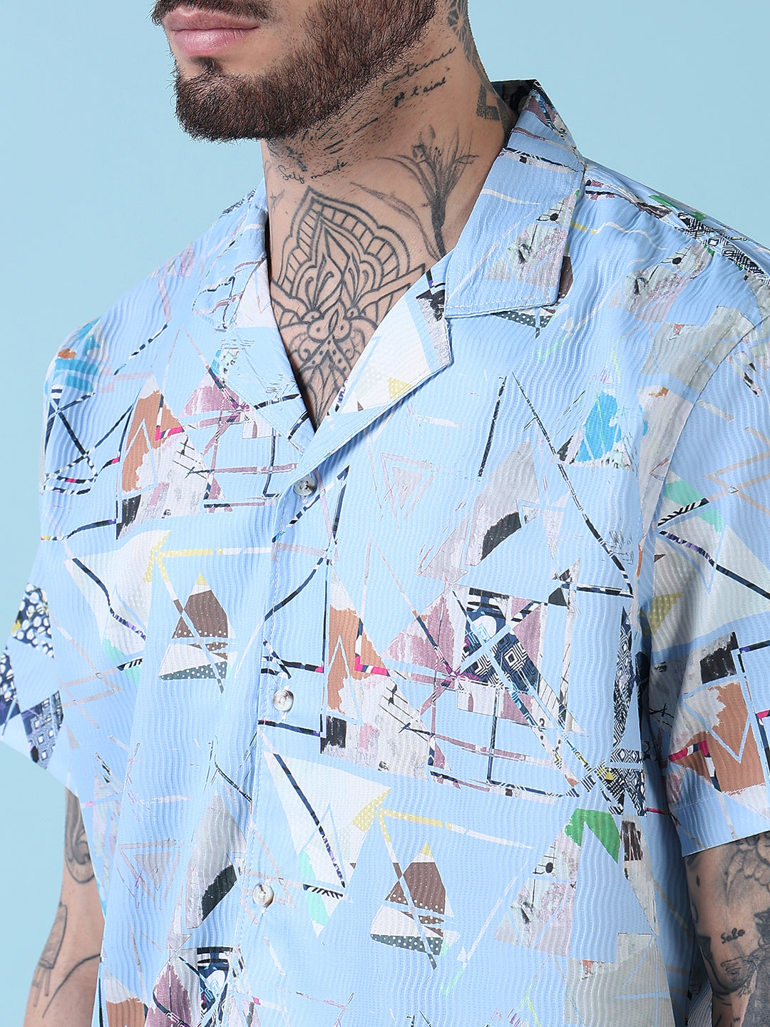 Men's Blue Printed Cuban Collar Relaxed Fit Co-Ords Set