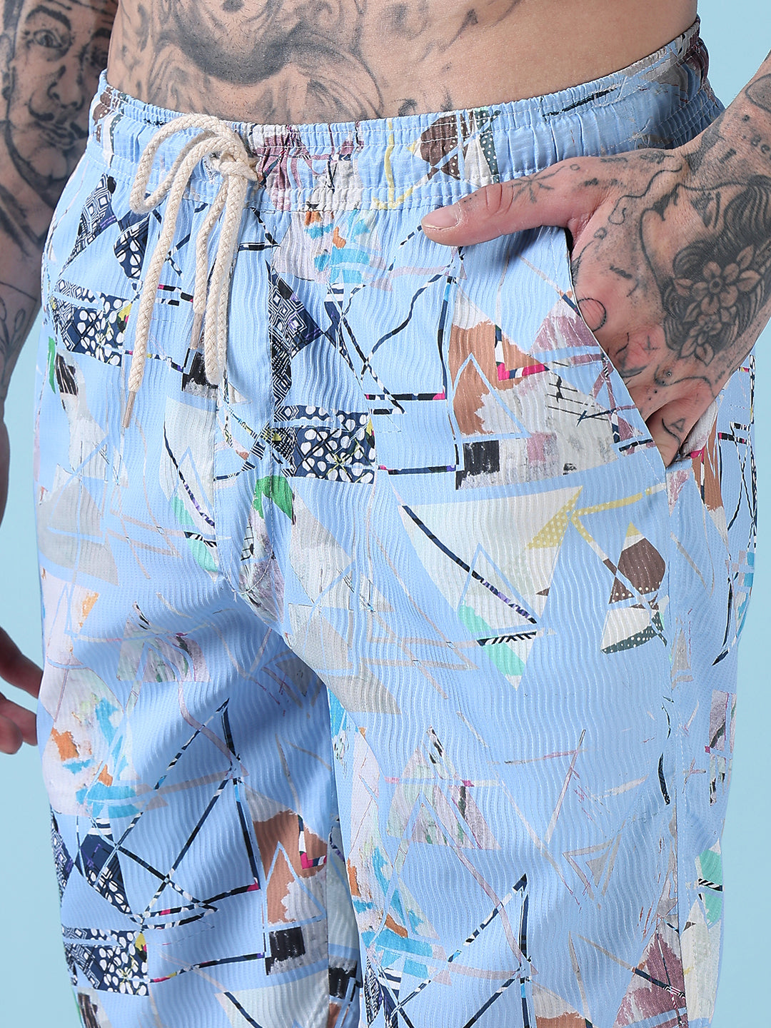 Men's Blue Printed Cuban Collar Relaxed Fit Co-Ords Set