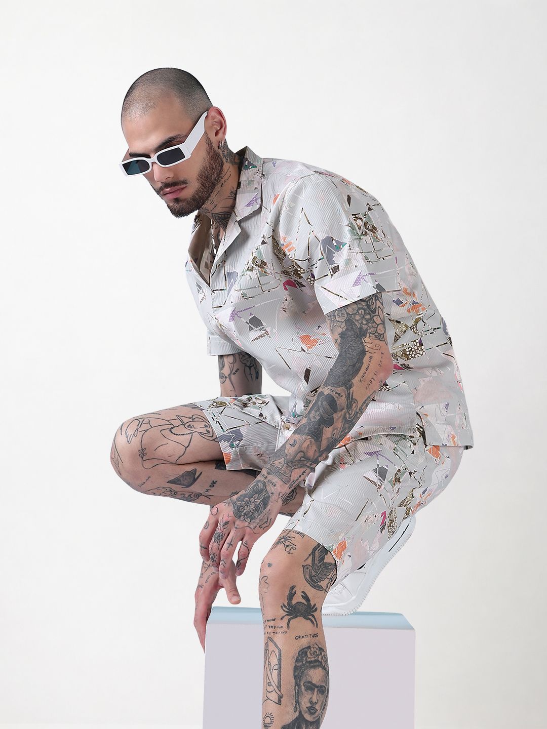 Men's Grey Printed Cuban Collar Relaxed Fit Co-Ords Set