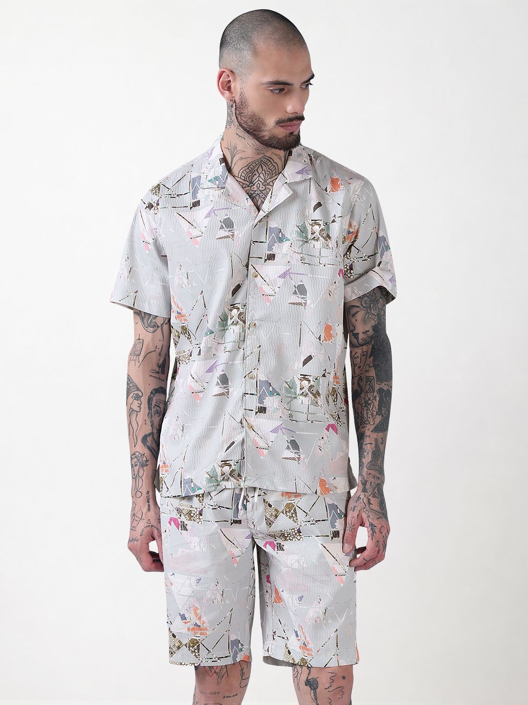 Men's Grey Printed Cuban Collar Relaxed Fit Co-Ords Set