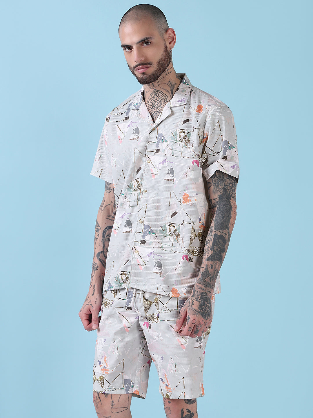 Men's Grey Printed Cuban Collar Relaxed Fit Co-Ords Set