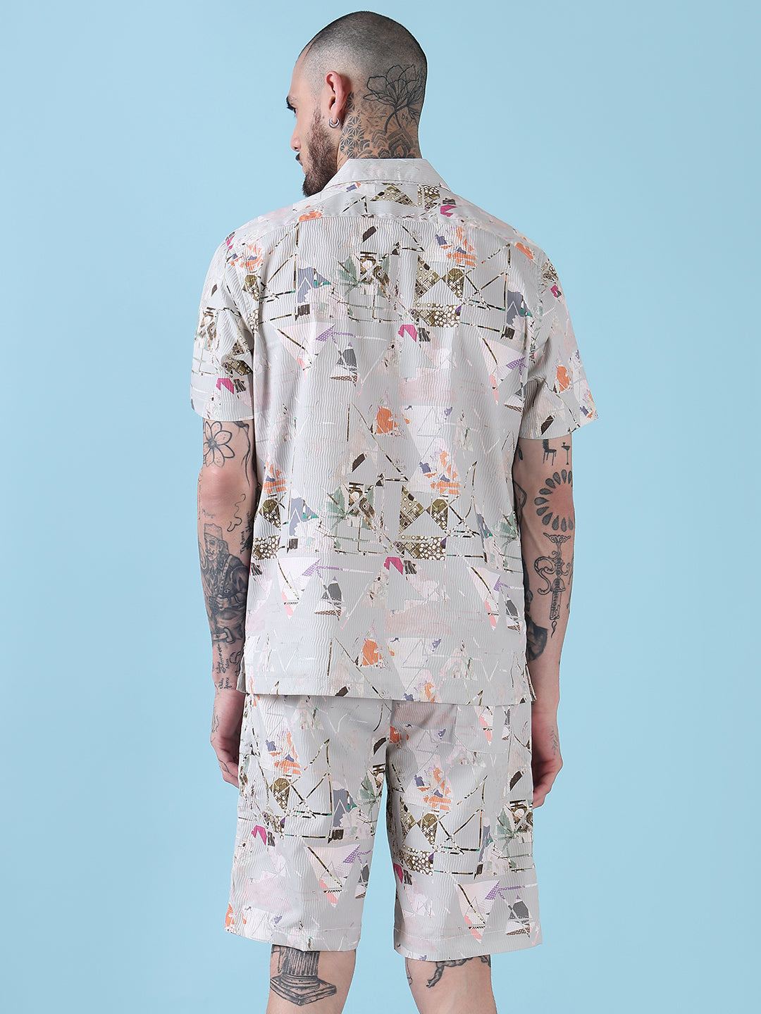 Men's Grey Printed Cuban Collar Relaxed Fit Co-Ords Set