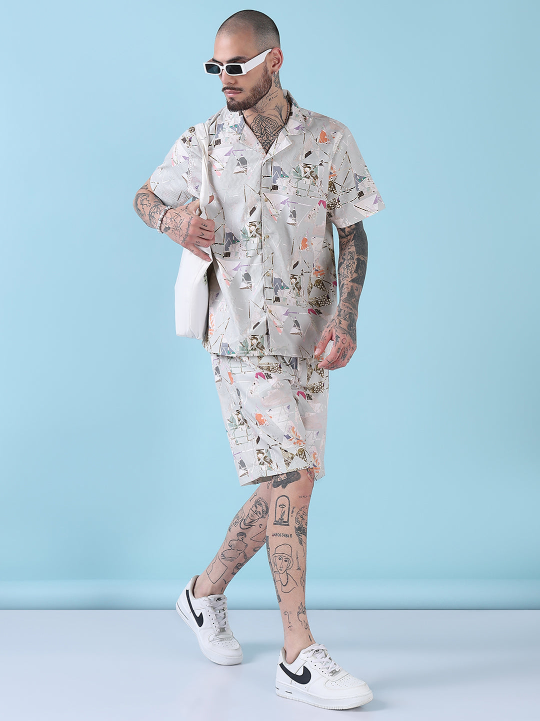 Men's Grey Printed Cuban Collar Relaxed Fit Co-Ords Set