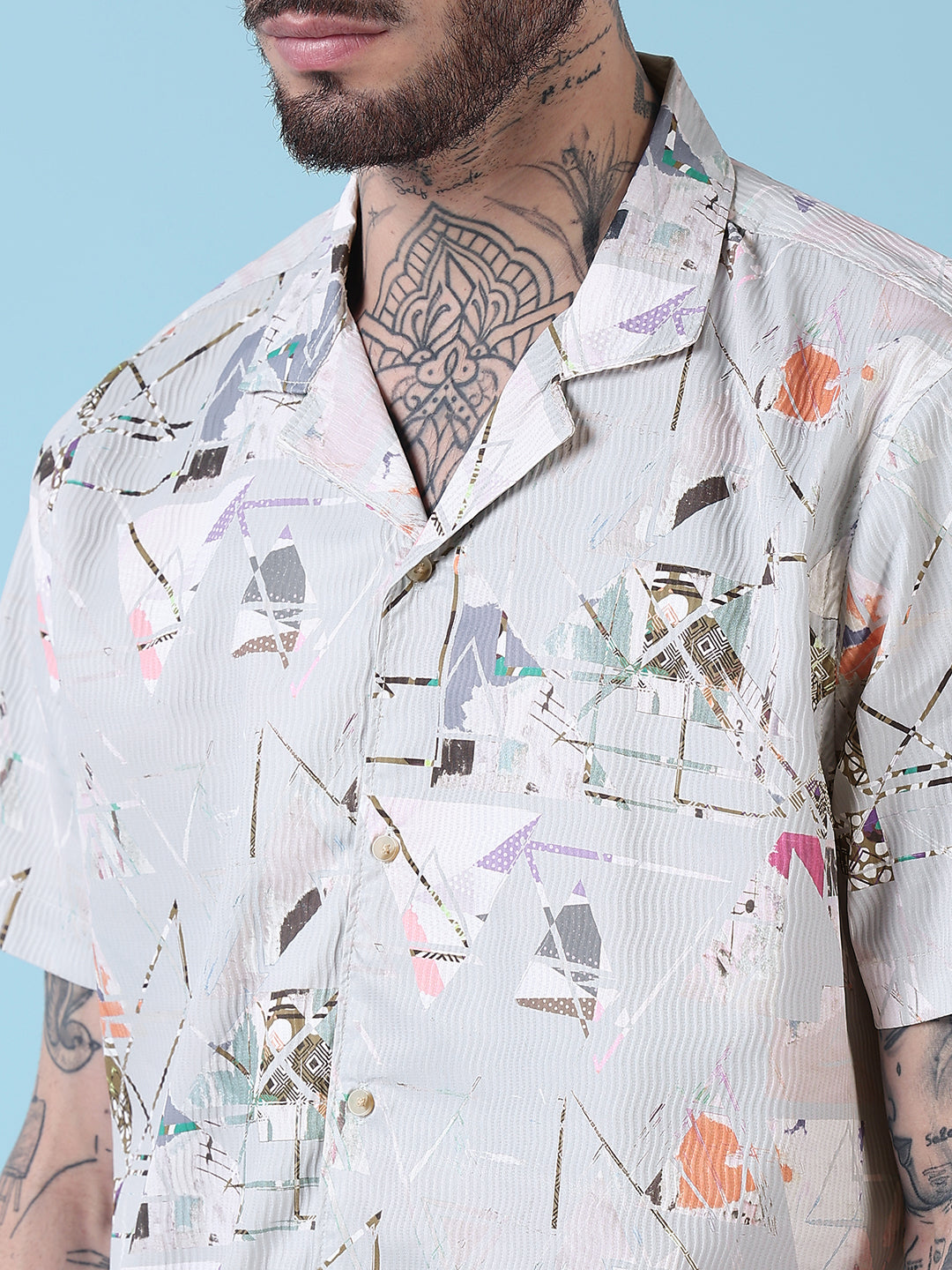 Men's Grey Printed Cuban Collar Relaxed Fit Co-Ords Set