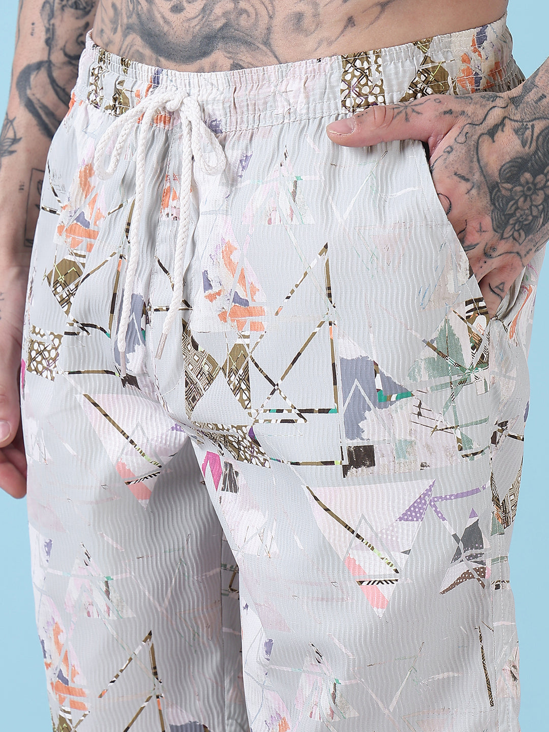 Men's Grey Printed Cuban Collar Relaxed Fit Co-Ords Set