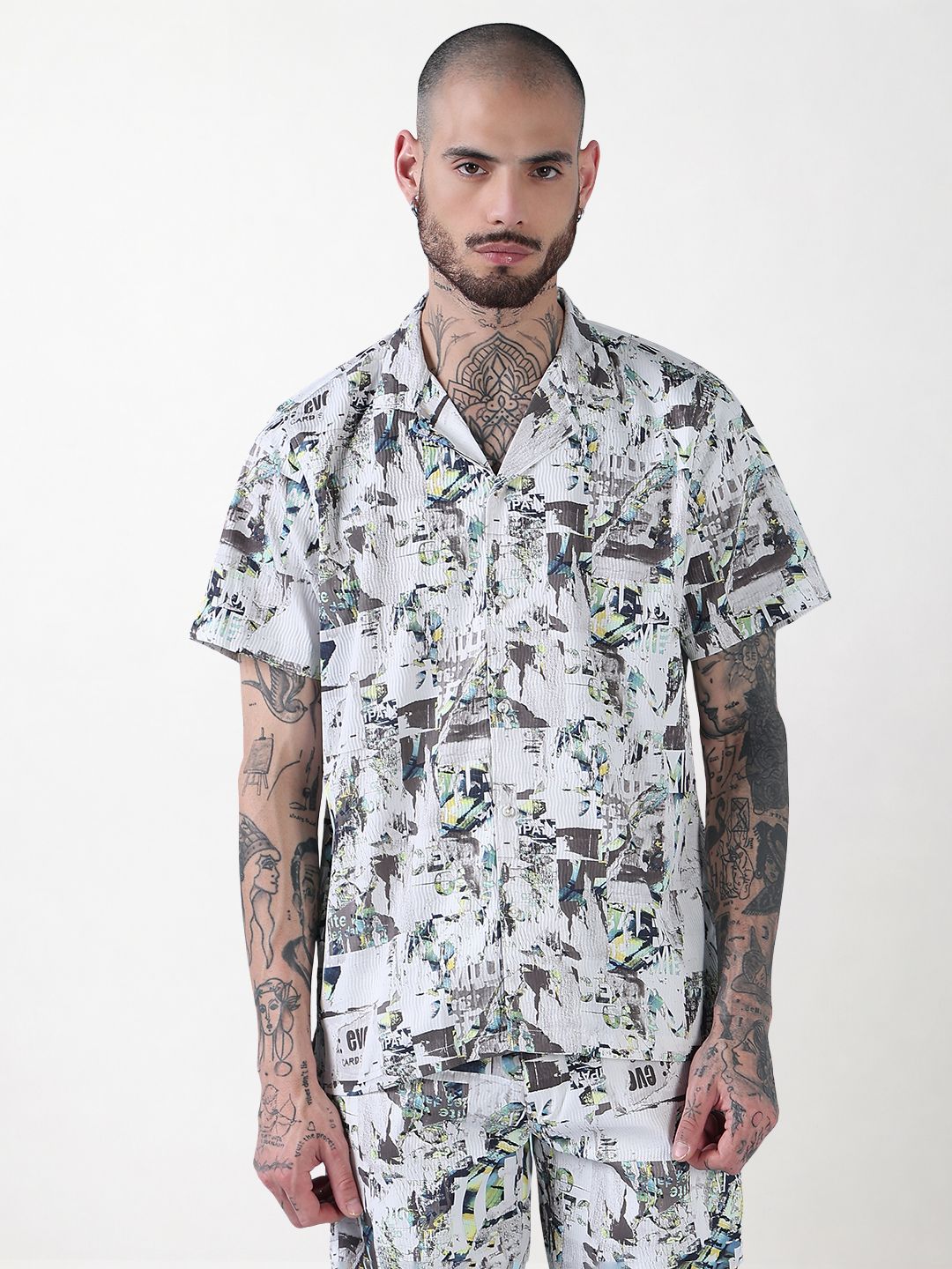 Men's White Printed Cuban Collar Relaxed Fit Crepe Co-Ords Set