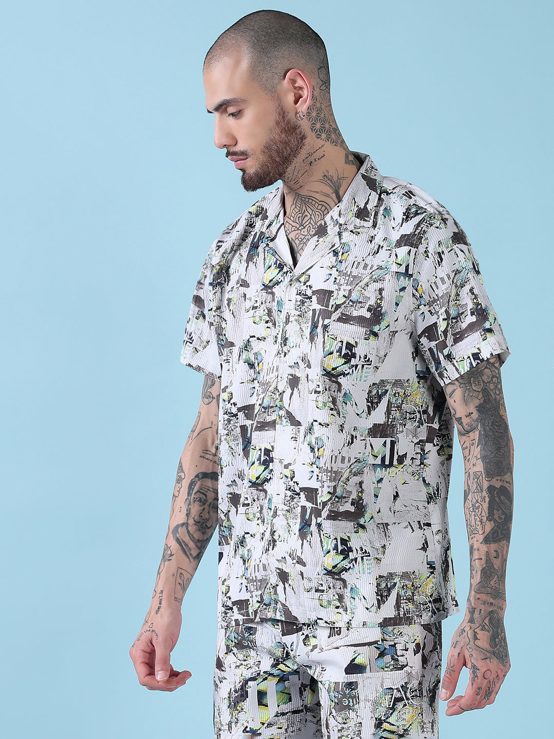 Men's White Printed Cuban Collar Relaxed Fit Crepe Co-Ords Set