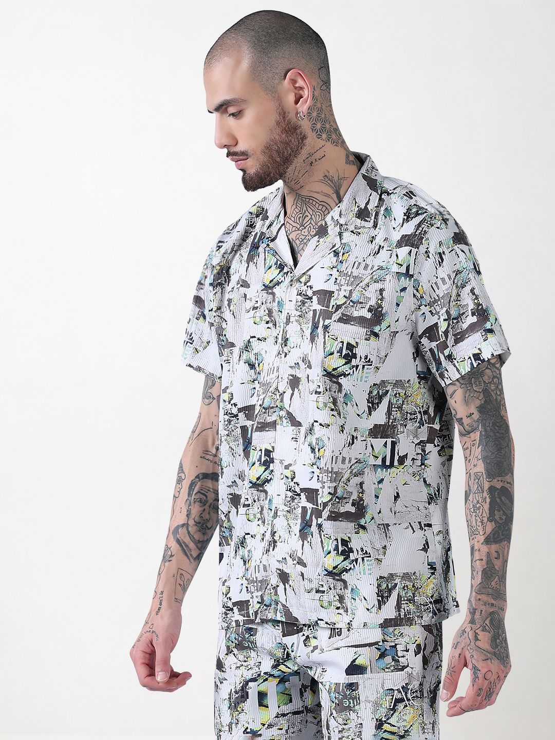 Men's White Printed Cuban Collar Relaxed Fit Crepe Co-Ords Set