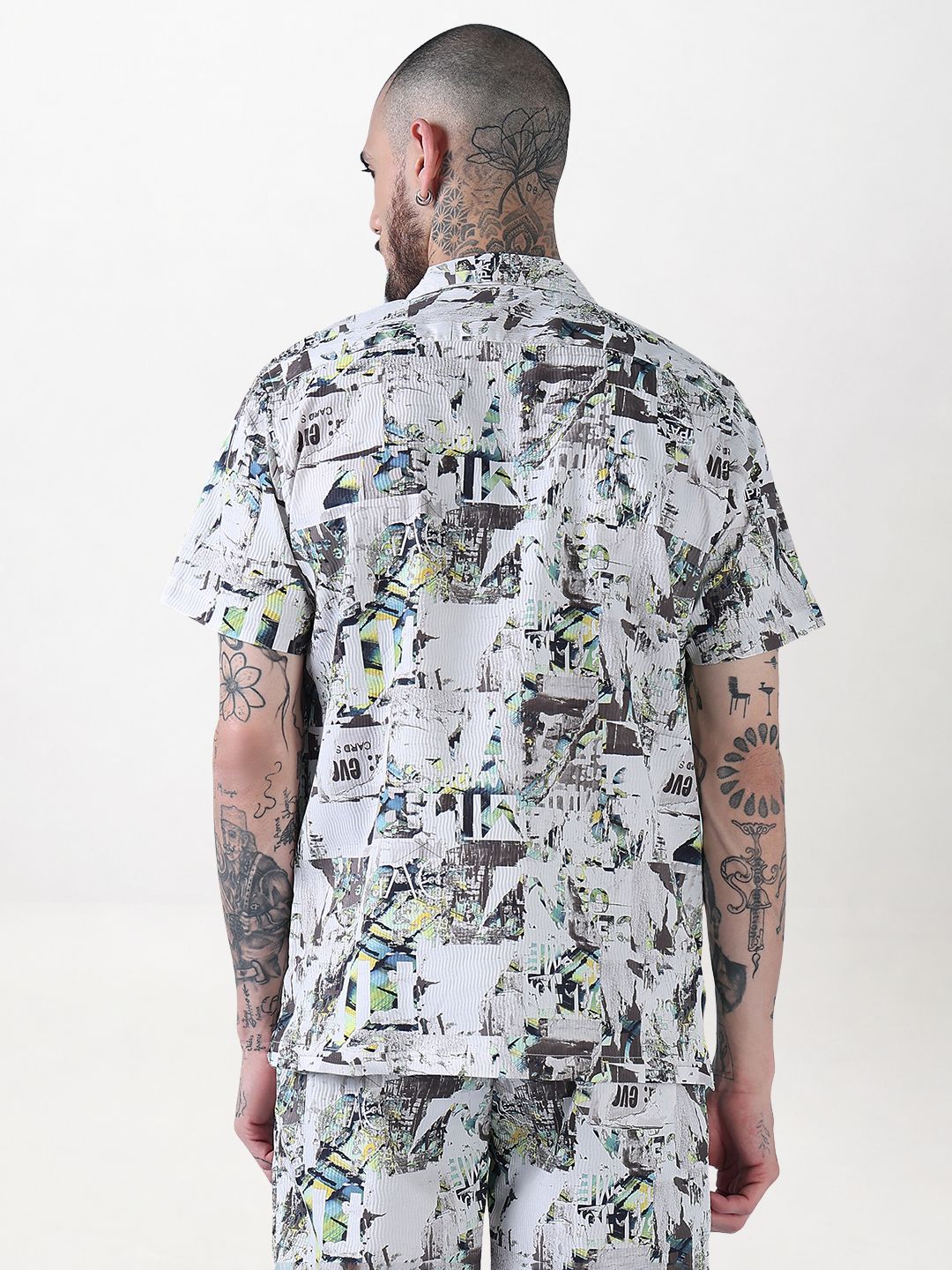 Men's White Printed Cuban Collar Relaxed Fit Crepe Co-Ords Set