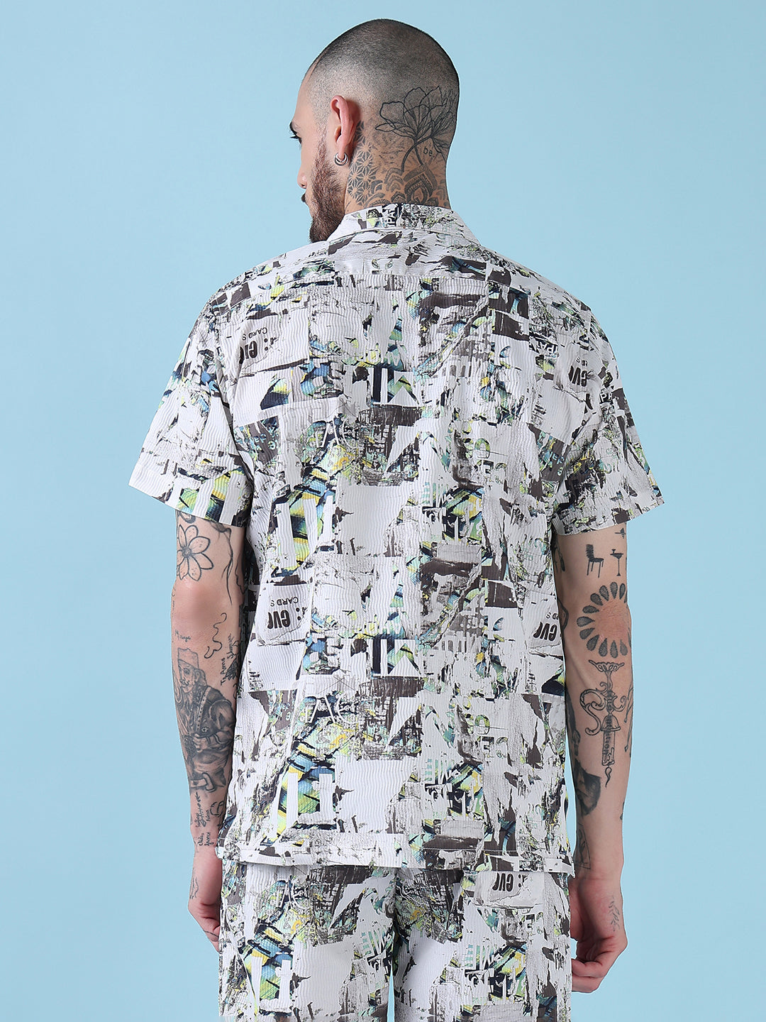 Men's White Printed Cuban Collar Relaxed Fit Crepe Co-Ords Set