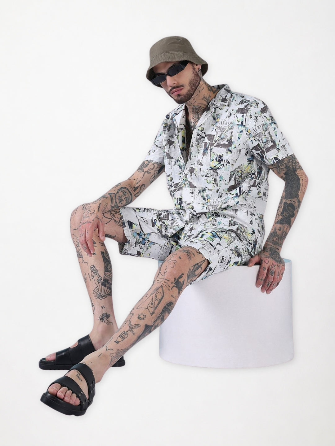 Men's White Printed Cuban Collar Relaxed Fit Crepe Co-Ords Set