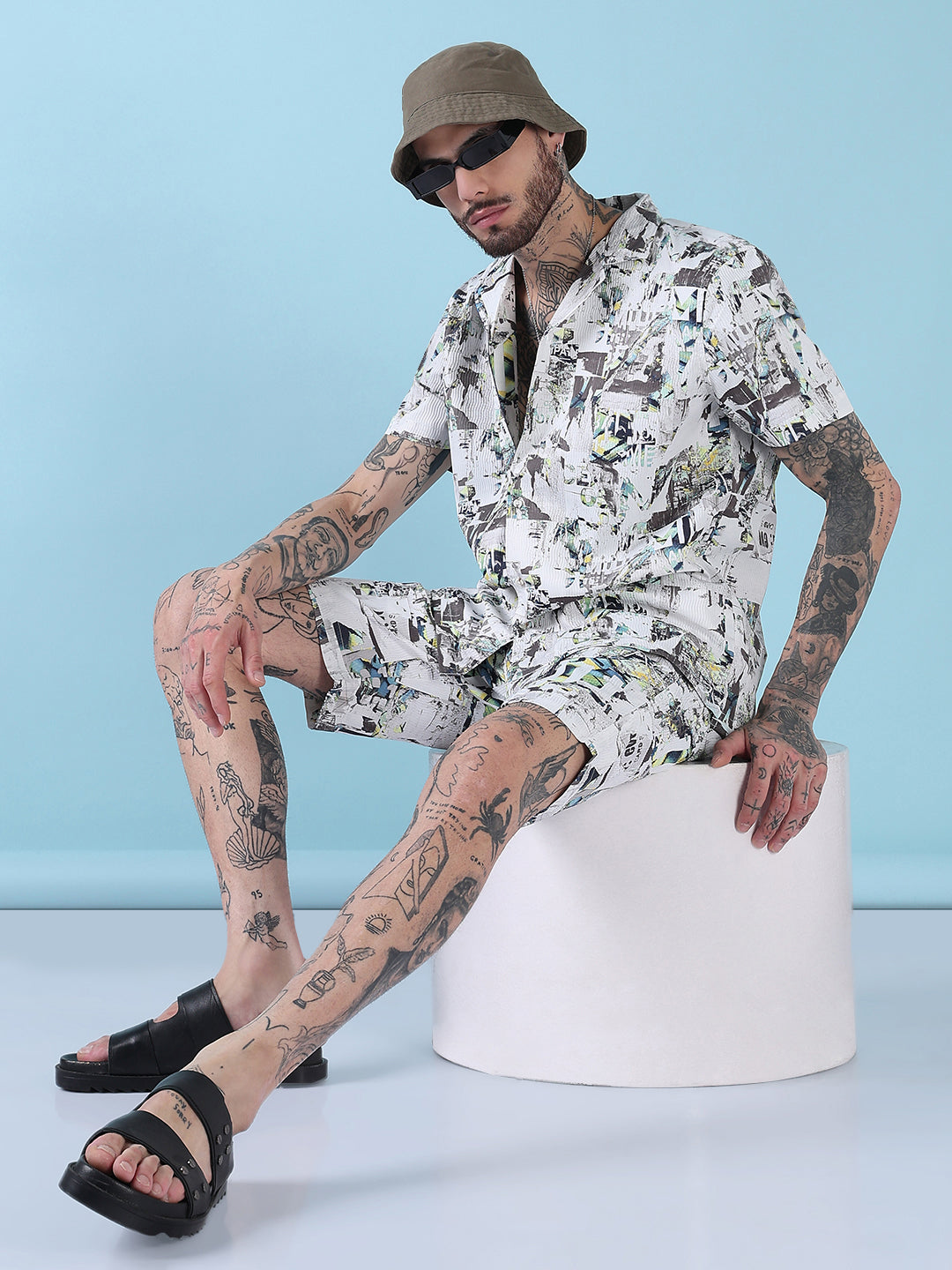 Men's White Printed Cuban Collar Relaxed Fit Crepe Co-Ords Set