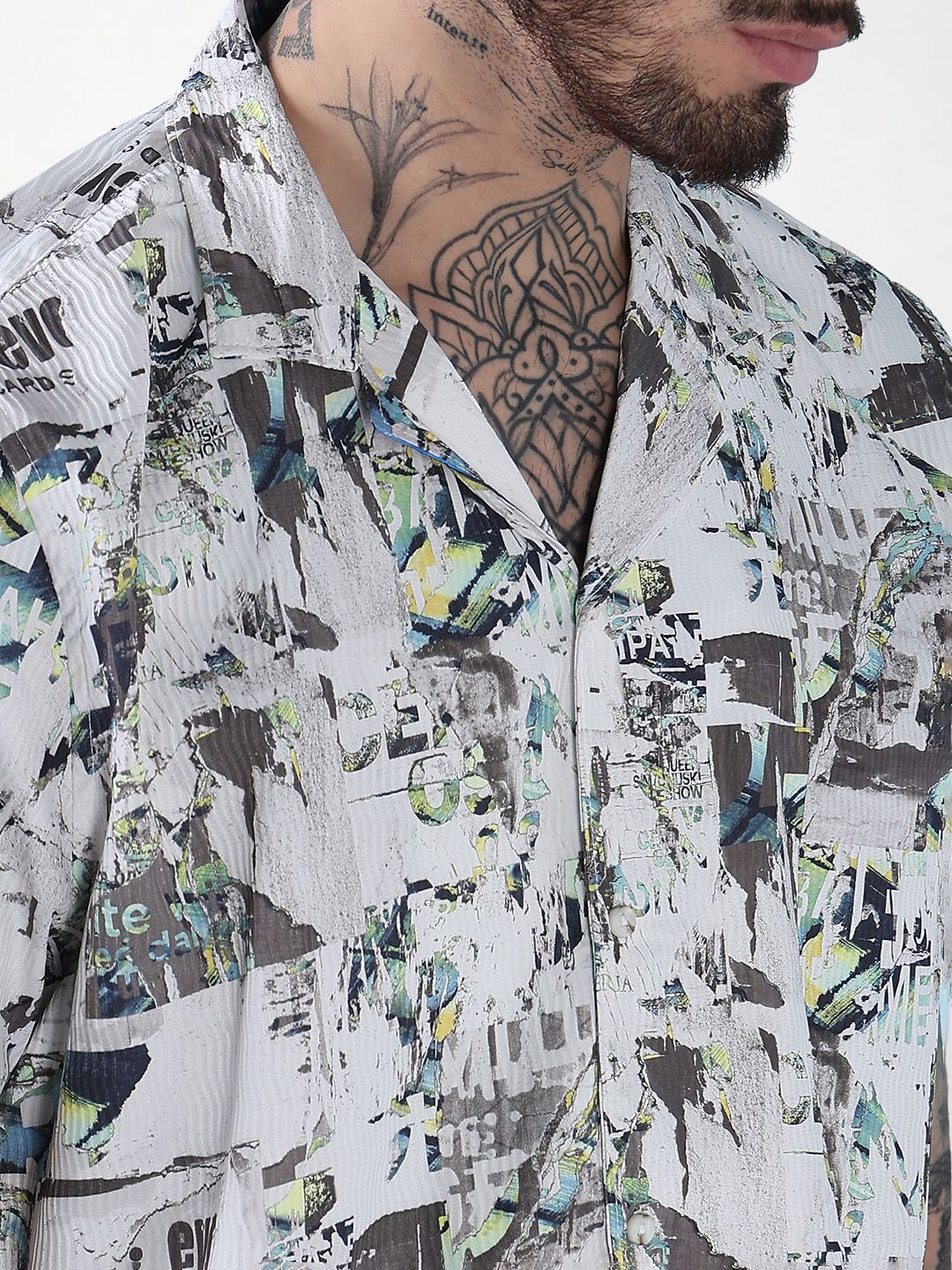 Men's White Printed Cuban Collar Relaxed Fit Crepe Co-Ords Set