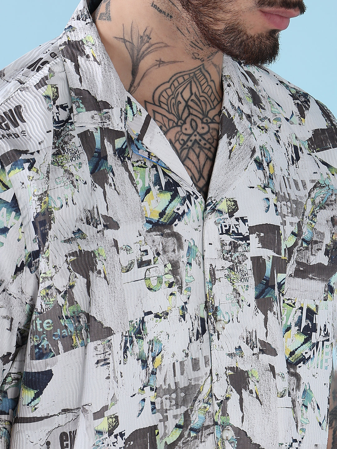 Men's White Printed Cuban Collar Relaxed Fit Crepe Co-Ords Set