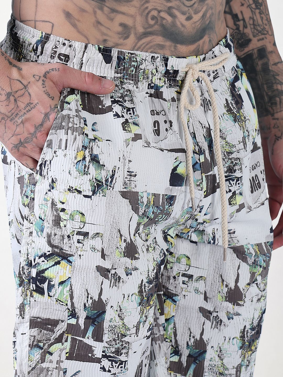 Men's White Printed Cuban Collar Relaxed Fit Crepe Co-Ords Set