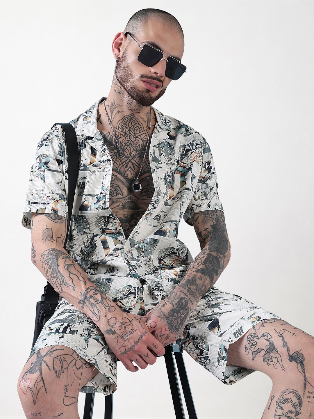 Men's Off White Printed Cuban Collar Relaxed Fit Co-Ords Set